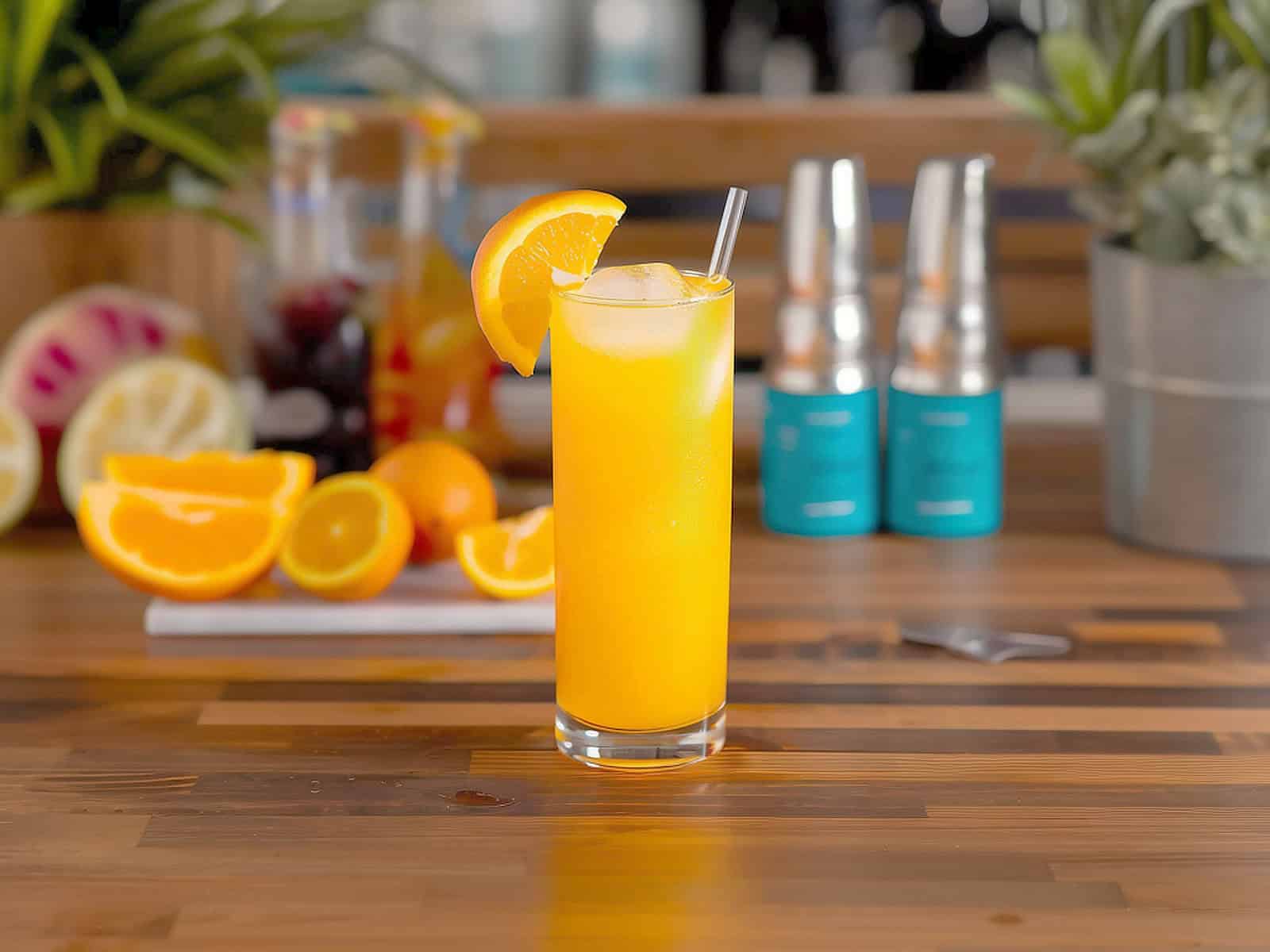 Screwdriver cocktail with orange slice on a bar table