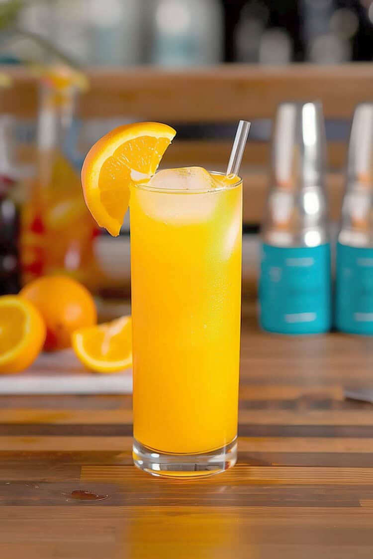 Screwdriver cocktail with orange slice on a bar table