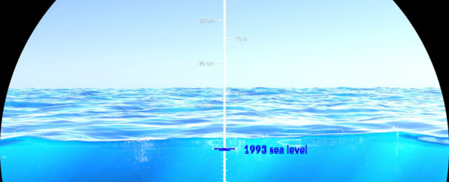 Still image from animation of sea level rise. Blue sea surface visualised through a ship porthole with a vertical ruler down the centre.