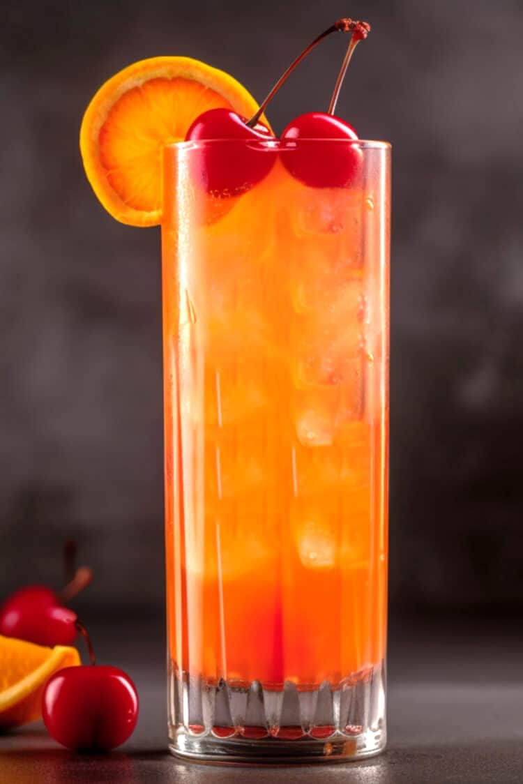 Sex on the Beach Cocktail in tall glass with cherry and orange slice