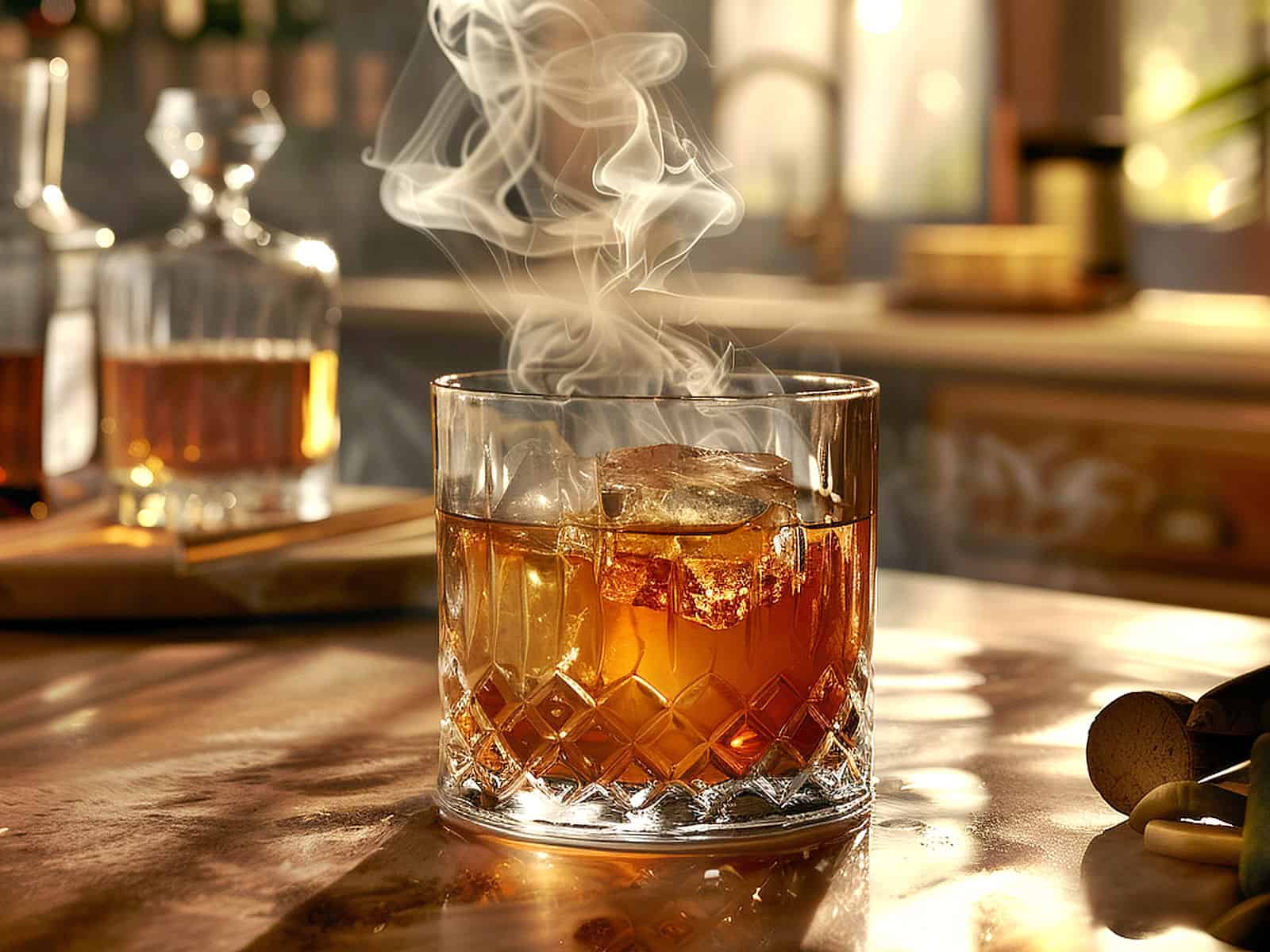 Smoked cocktail in old fashioned glass on bar