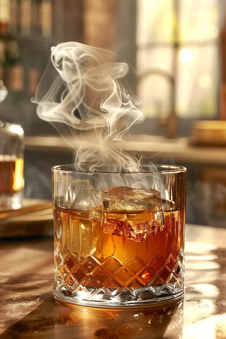 Smoked cocktail in old fashioned glass on bar