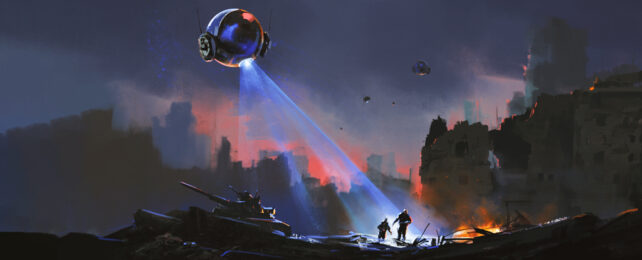 Spherical done shining light on fleeing people in post apocalyptic cityscape