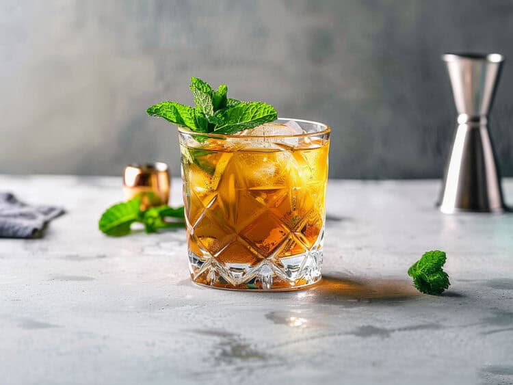 Stinger cocktail over ice in rocks glass