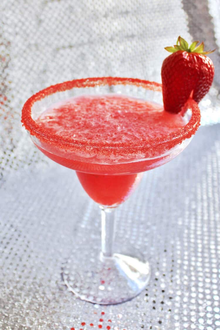 Strawberry Margarita with pink sugar rim