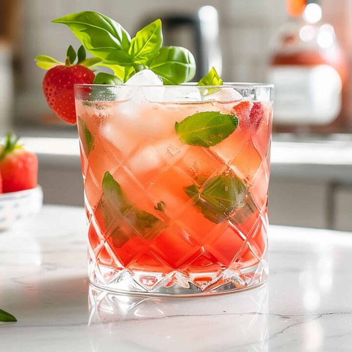 Strawberry Smash drink in glass with strawberry garnish