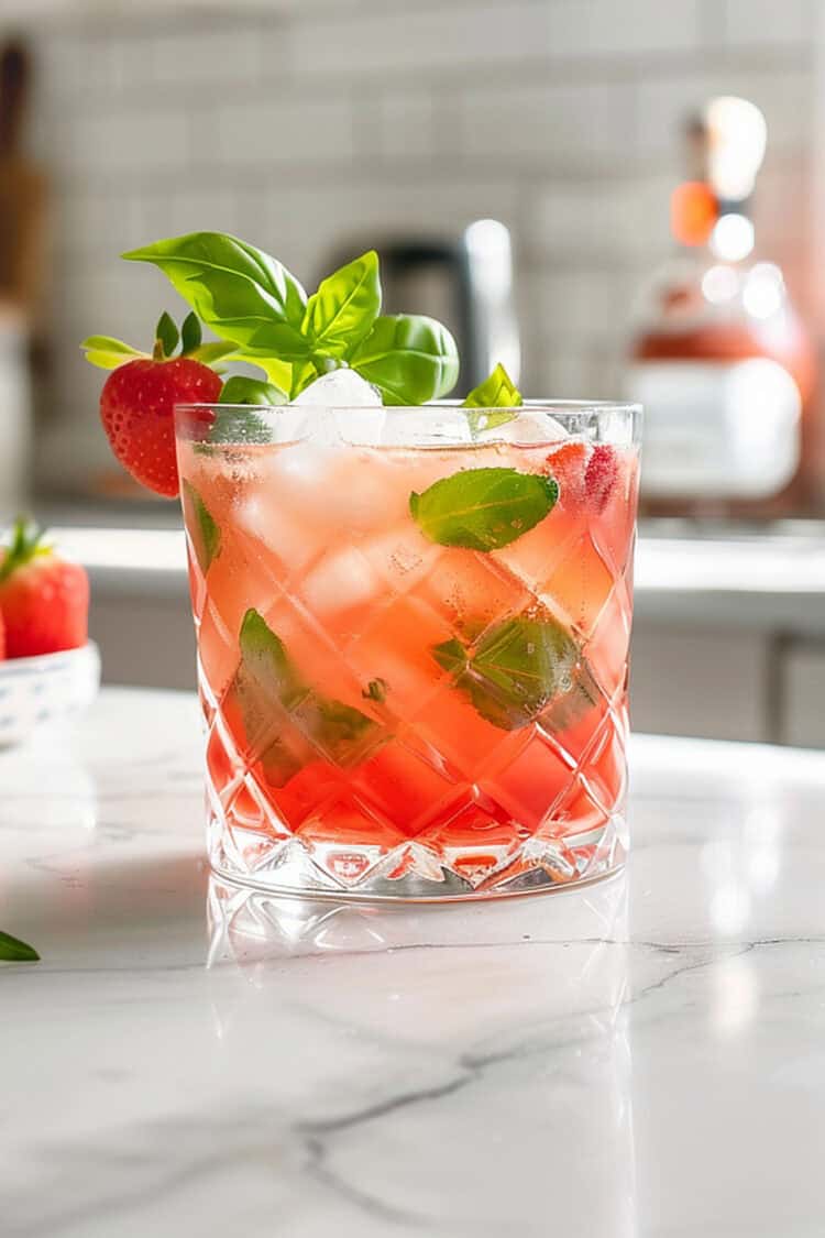 Strawberry Smash drink in glass with strawberry garnish