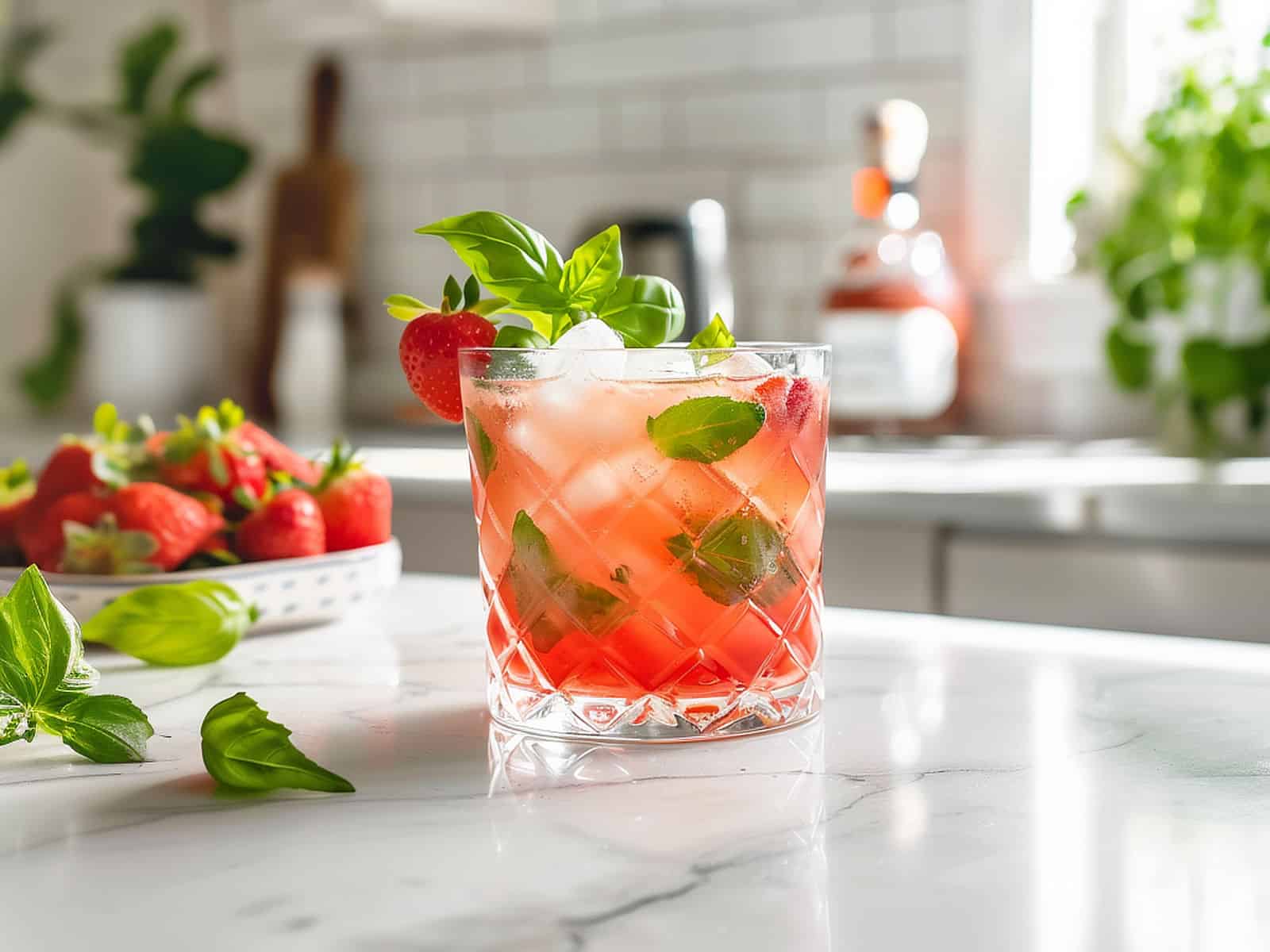 Strawberry Smash drink in glass with strawberry garnish