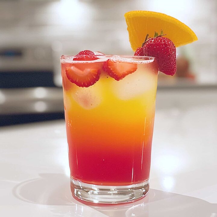 Strawberry Sunrise cocktail in with strawberries