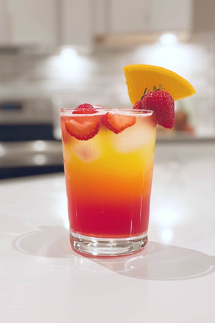 Strawberry Sunrise cocktail in with strawberries