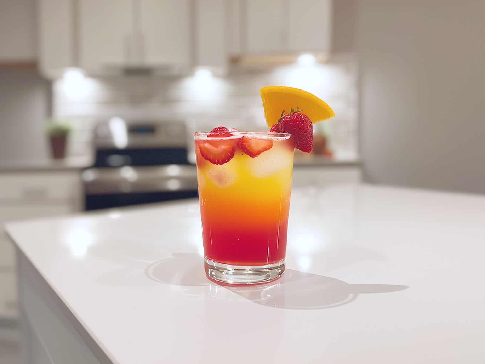 Strawberry Sunrise cocktail in with strawberries