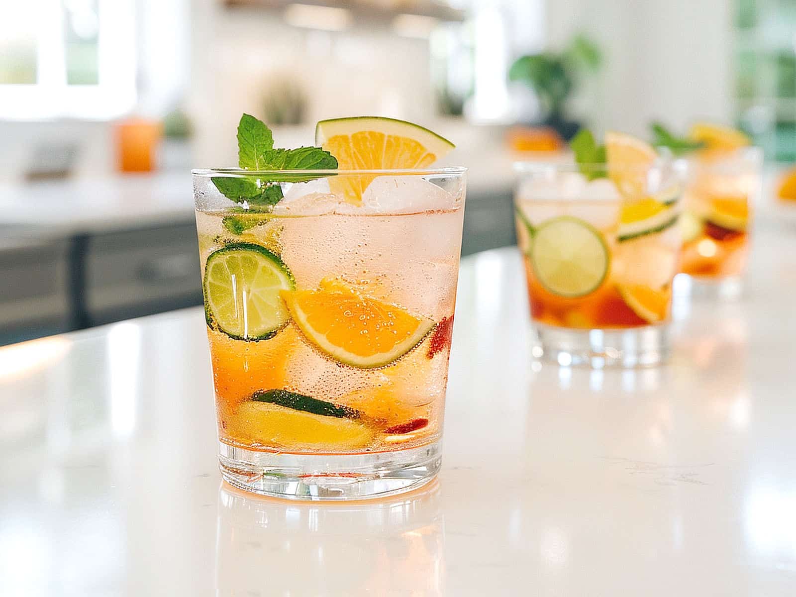 Beautiful summer cocktails in rocks glasses with fruit and mint garnish