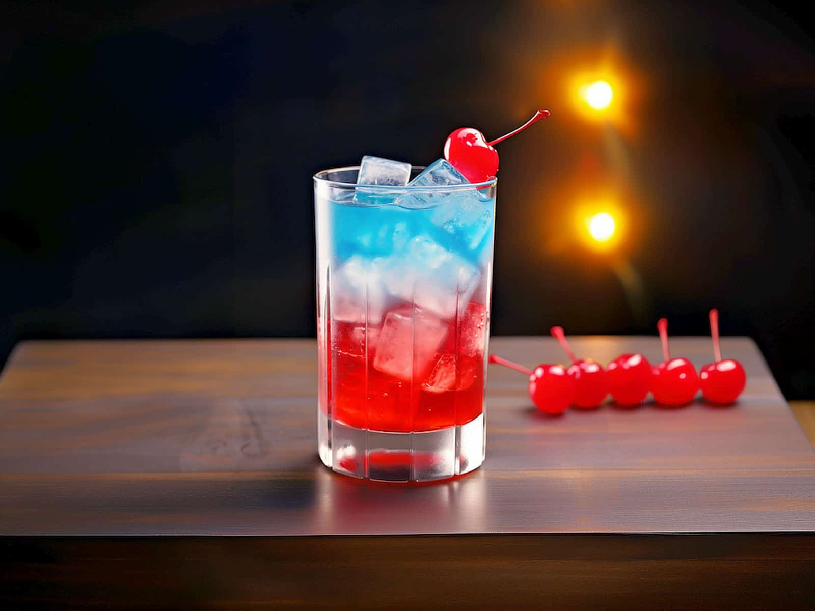 Red and blue Superman Cocktail with cherry