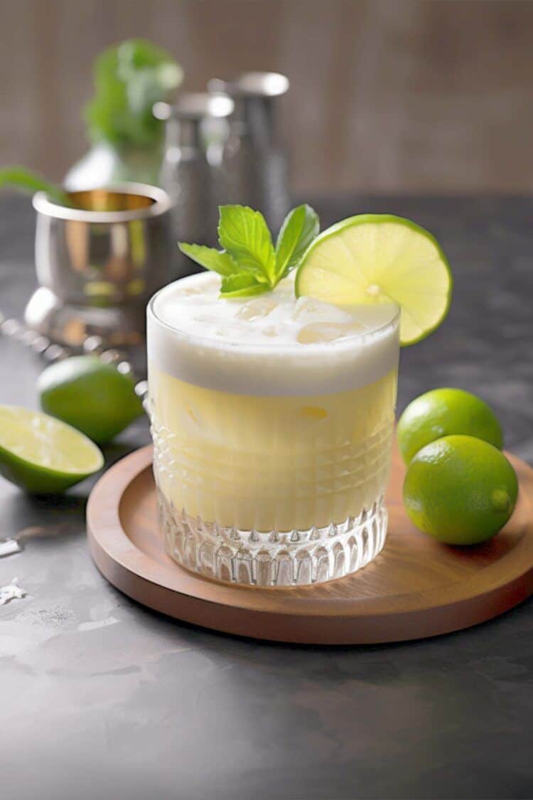 Tequila Sour cocktail with lime slice and mint garnish