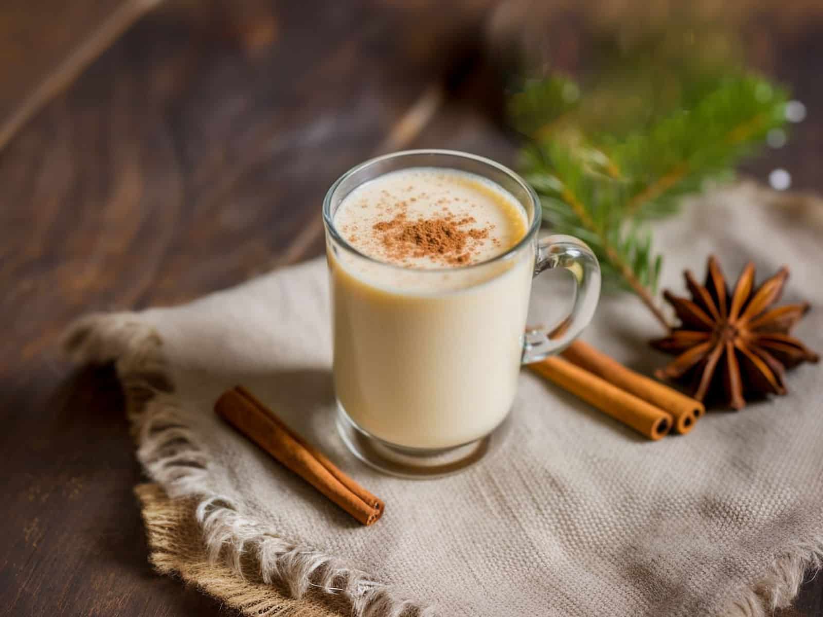 Tom & Jerry cocktail on table with cinnamon sticks