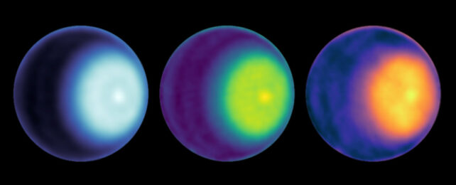 A collage of polar cyclone observations on Uranus.
