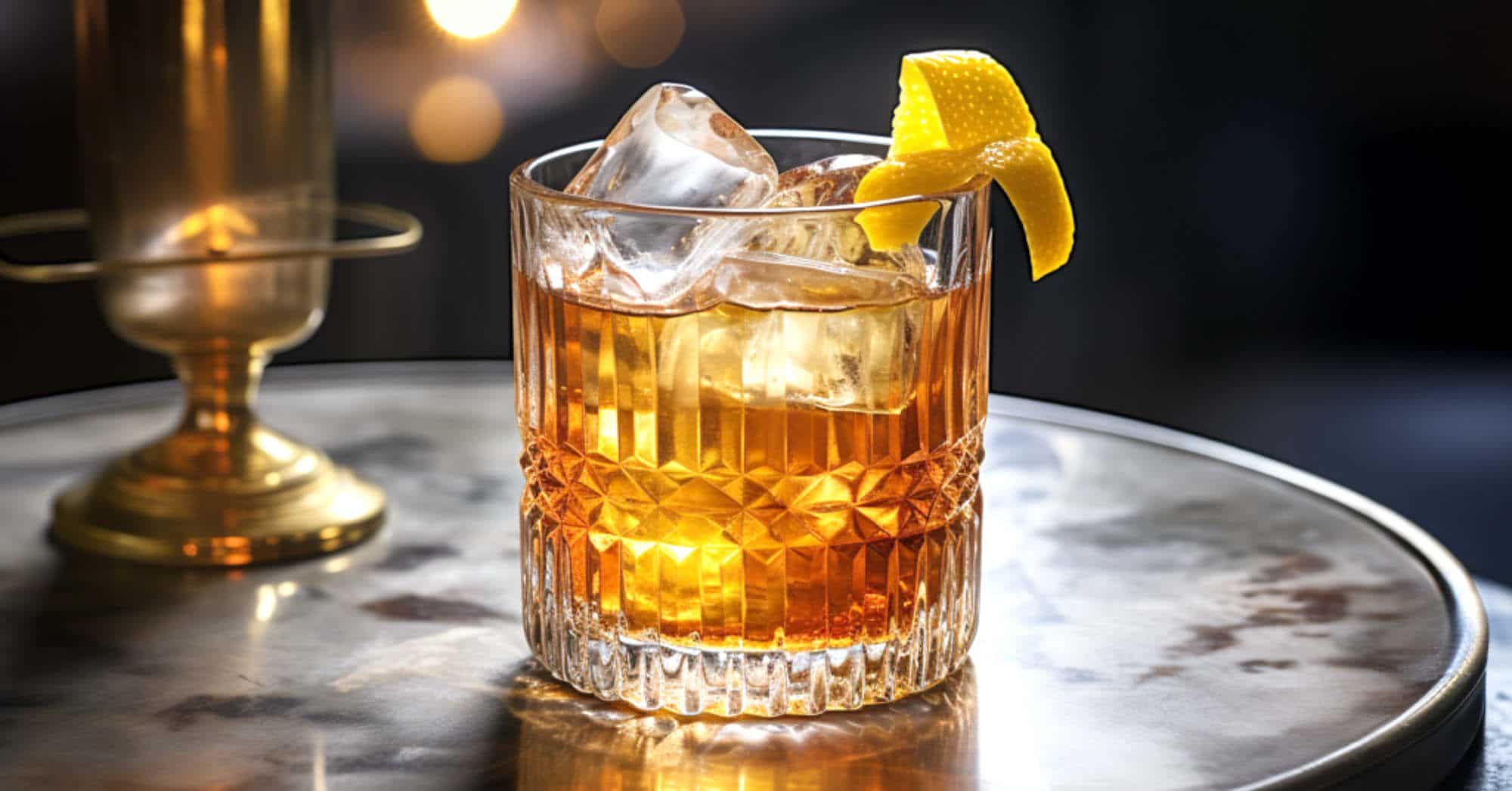 Vieux Carre cocktail with lemon twist on table