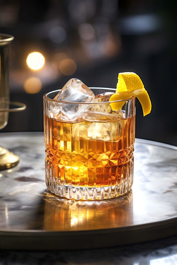 Vieux Carre cocktail with lemon twist on table