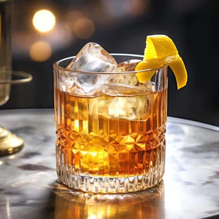 Vieux Carre cocktail with lemon twist on table