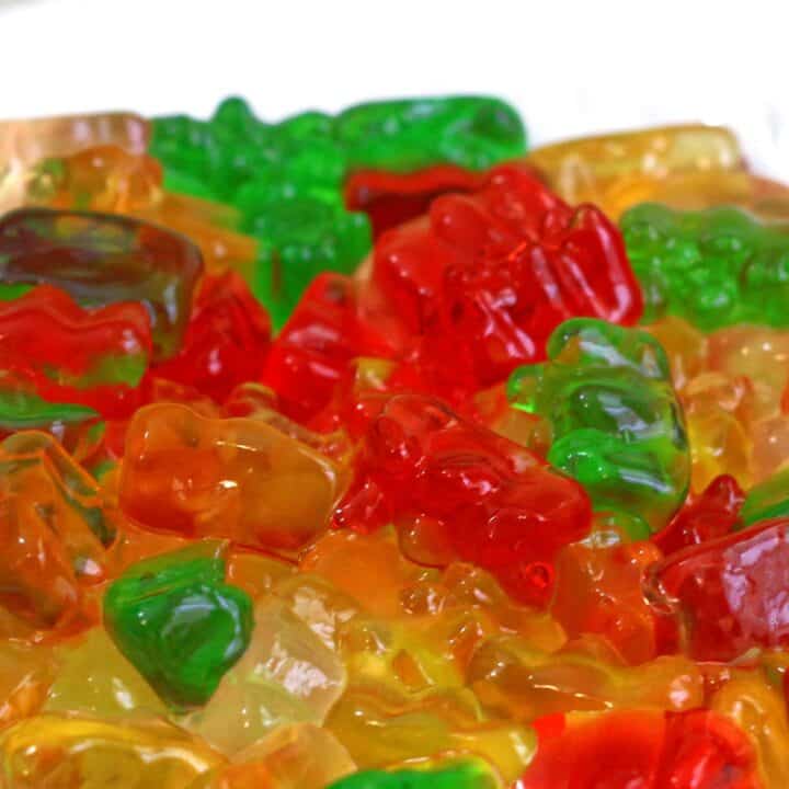 Vodka gummy bears on a white plate