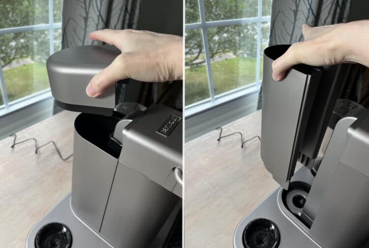 Collage of images showing a hand removing the lid of the water reservoir and then the reservoir itself from the back of the machine