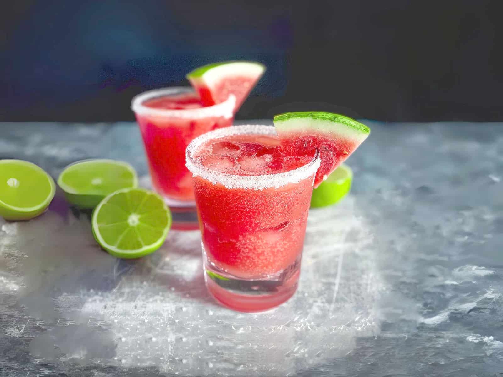 Watermelon Margaritas with sugar rim against black background