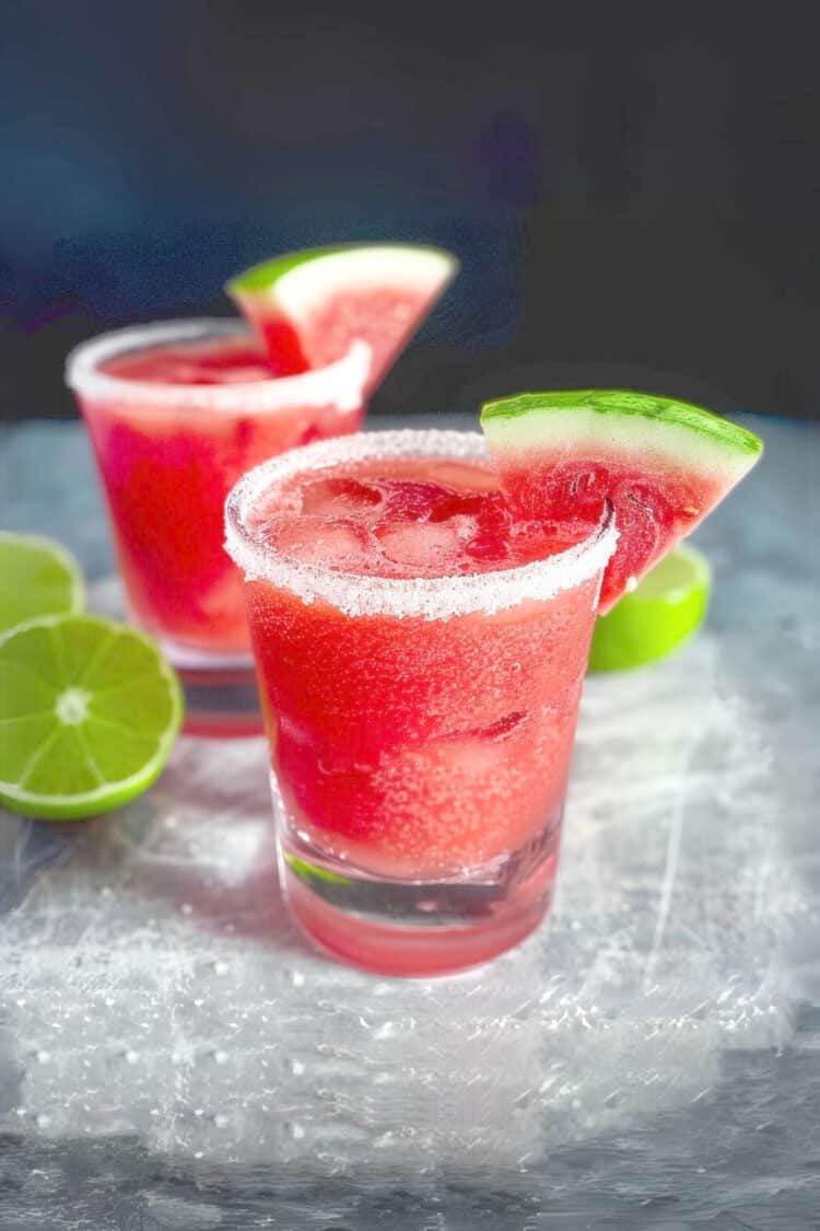 Watermelon Margaritas with sugar rim against black background