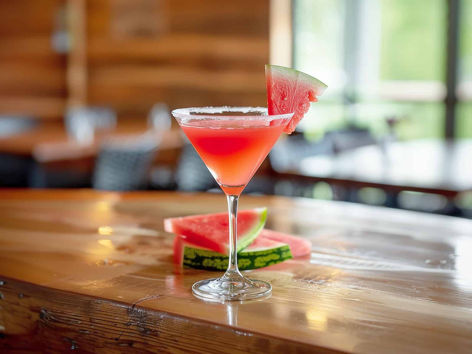 Watermelon Martini in cocktail glass on wooden bar top