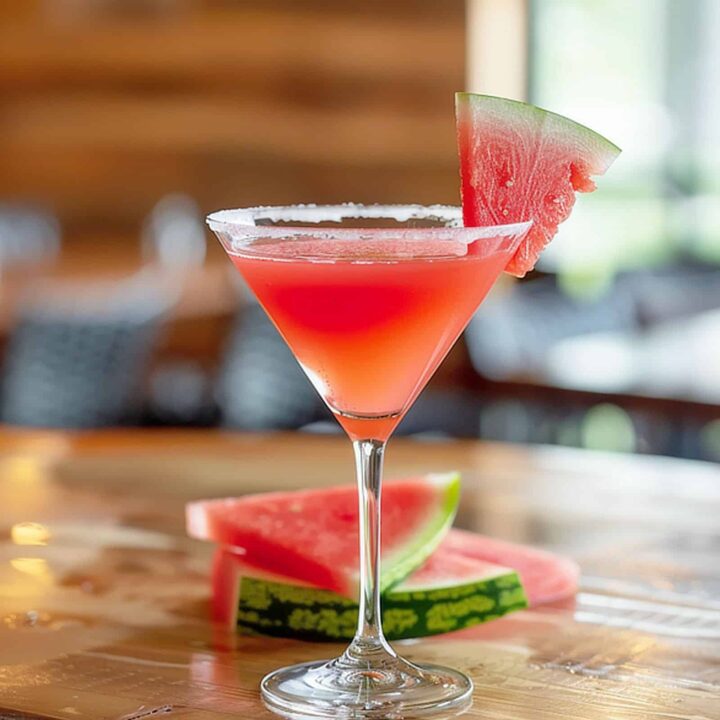 Watermelon Martini in cocktail glass on wooden bar top