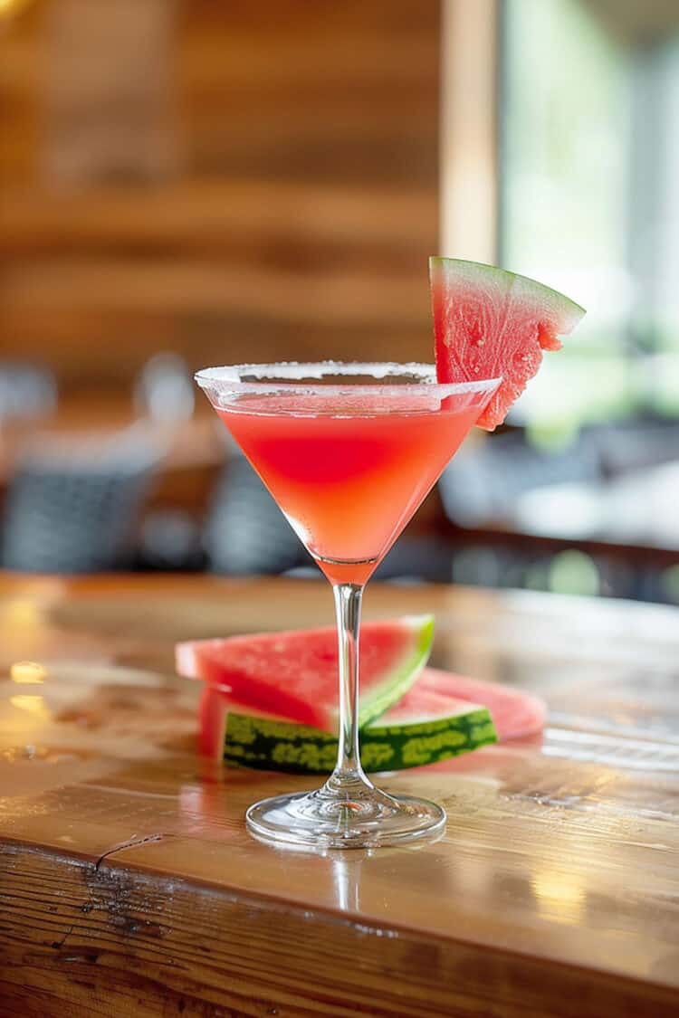 Watermelon Martini in cocktail glass on wooden bar top