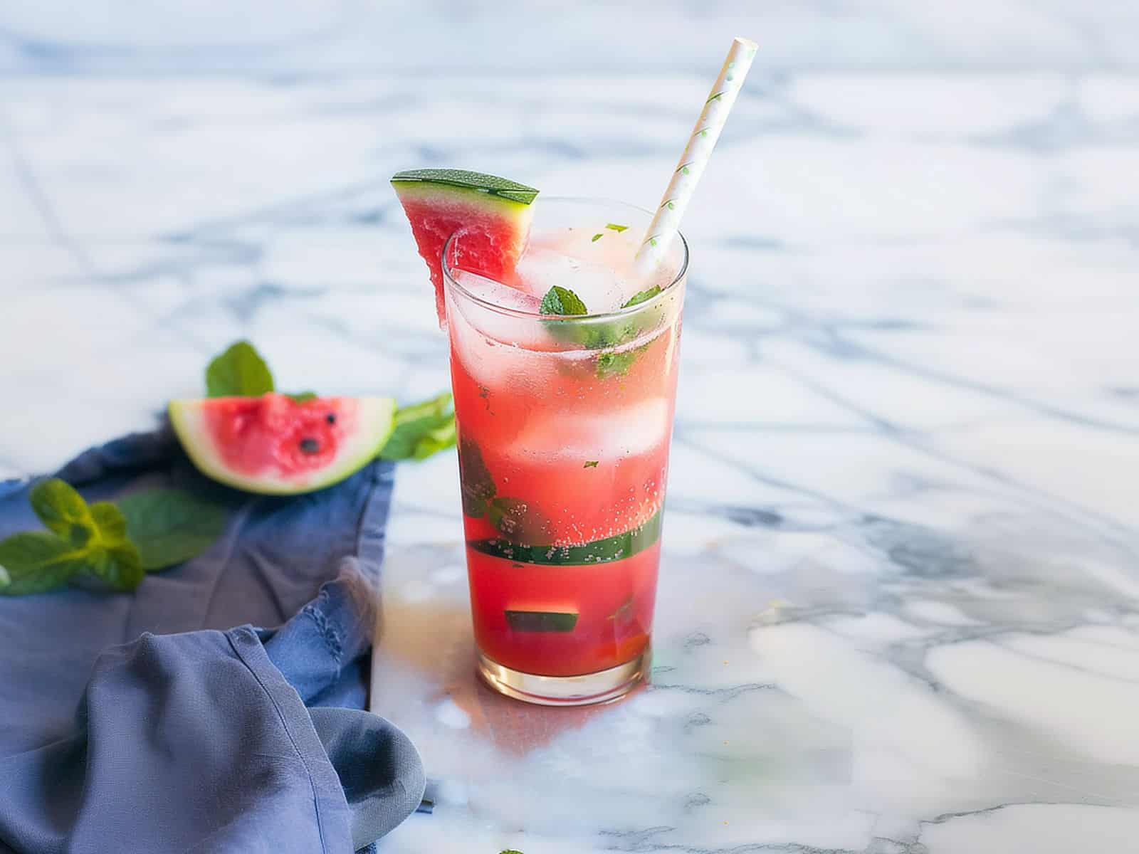 Watermelon Mojito in tall glass on white marble surface