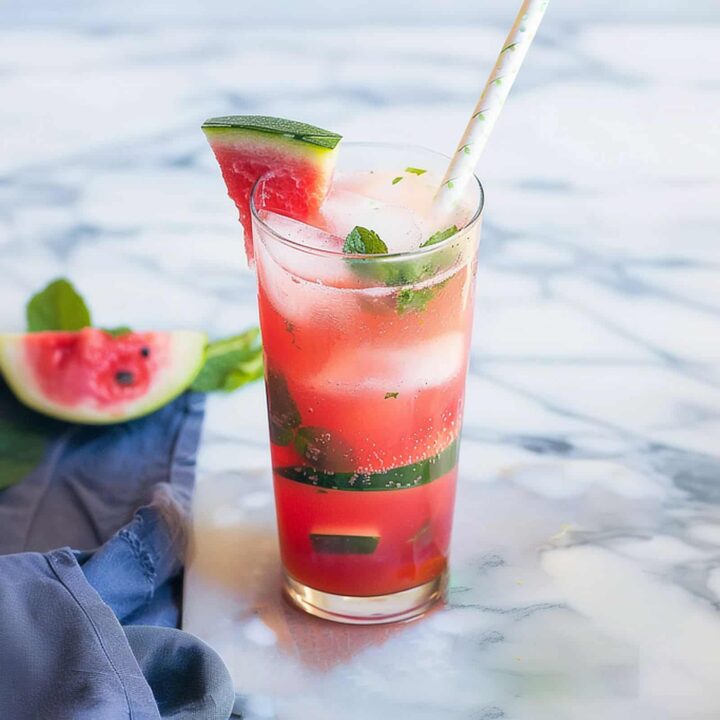 Watermelon Mojito in tall glass on white marble surface