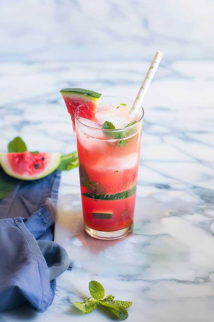 Watermelon Mojito in tall glass on white marble surface