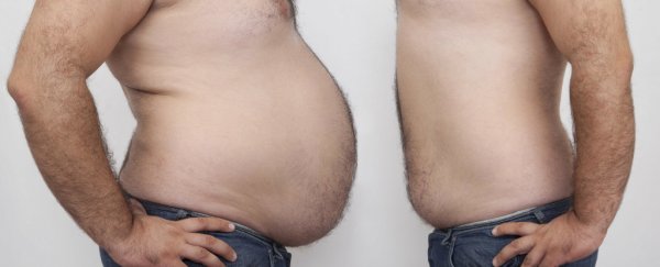 Man with large stomach next to man with smaller stomach
