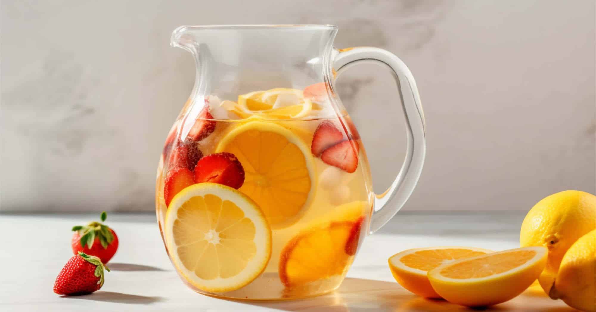 White Wine Sangria in pitcher on table