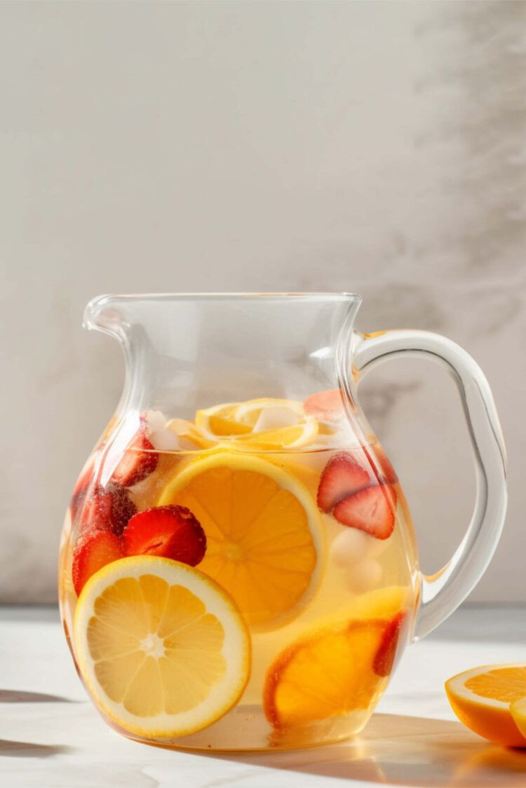 White Wine Sangria in pitcher on table