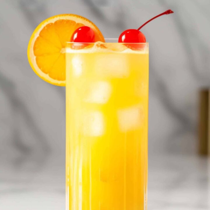 Yellow Bird drink with orange and cherry garnish