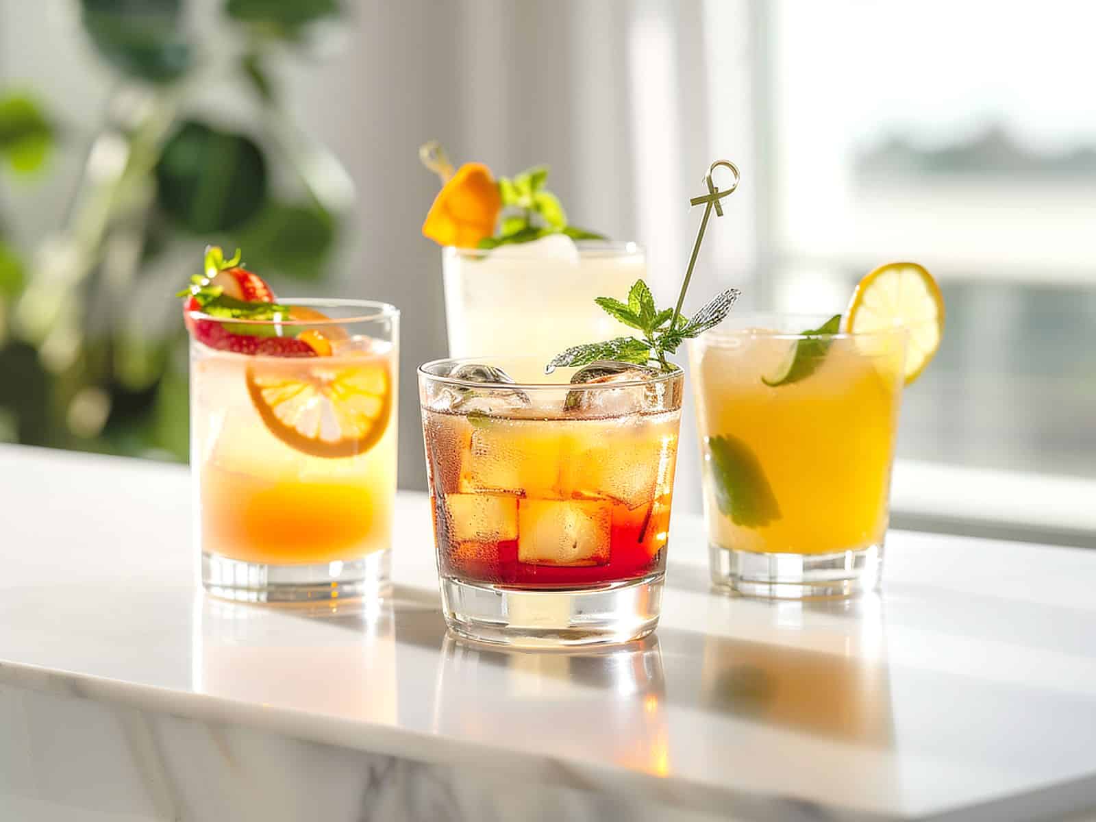 Four cocktails on a white marble bartop in front of a window