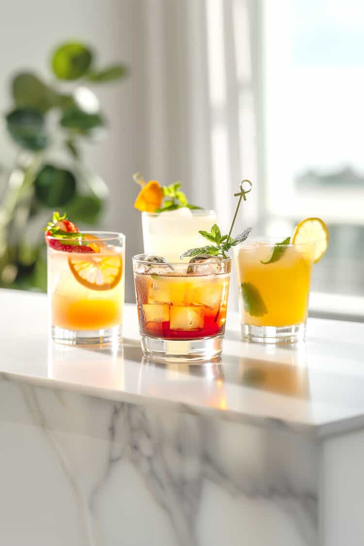 Four cocktails on a white marble bartop in front of a window