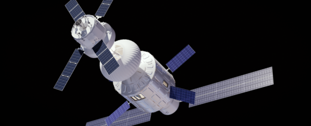 Illustration of new space module with solar panels extending outward.