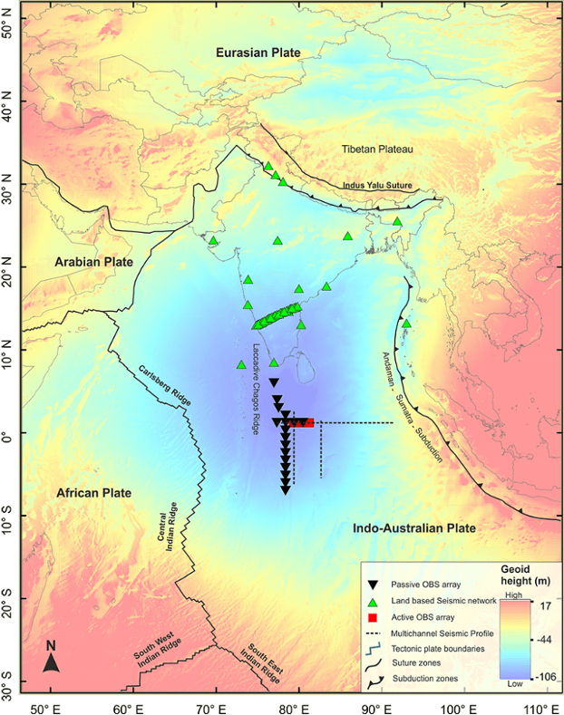 Map showing gravitational depression in blue beneath the Indian Ocean, and the location of seismometers deployed on the seafloor.