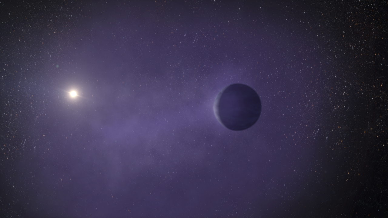 Rocky planet surrounded by purple haze and a star in the distance on the left
